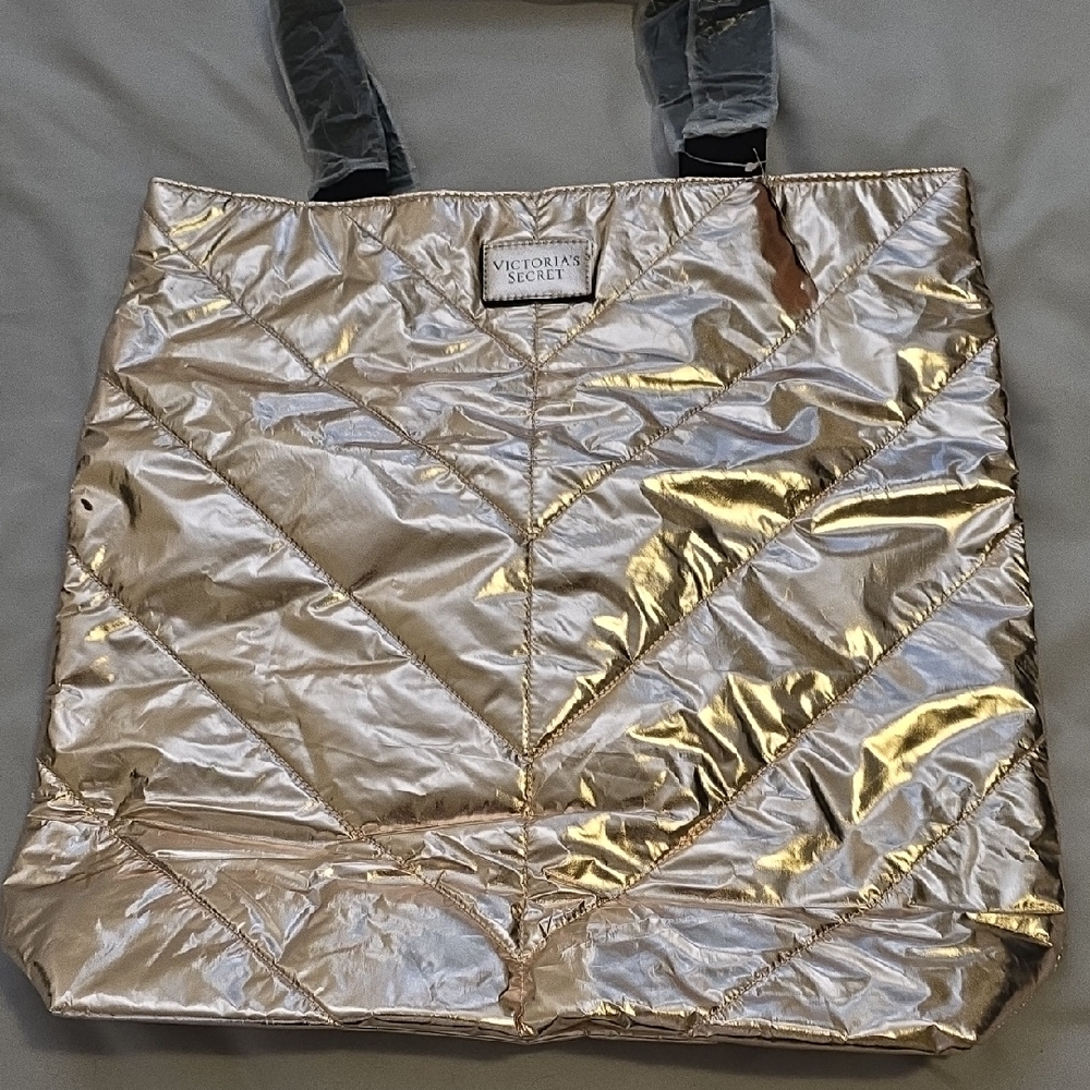 Victoria's Secret Gold Metallic Tote Bag with Textured Finish
